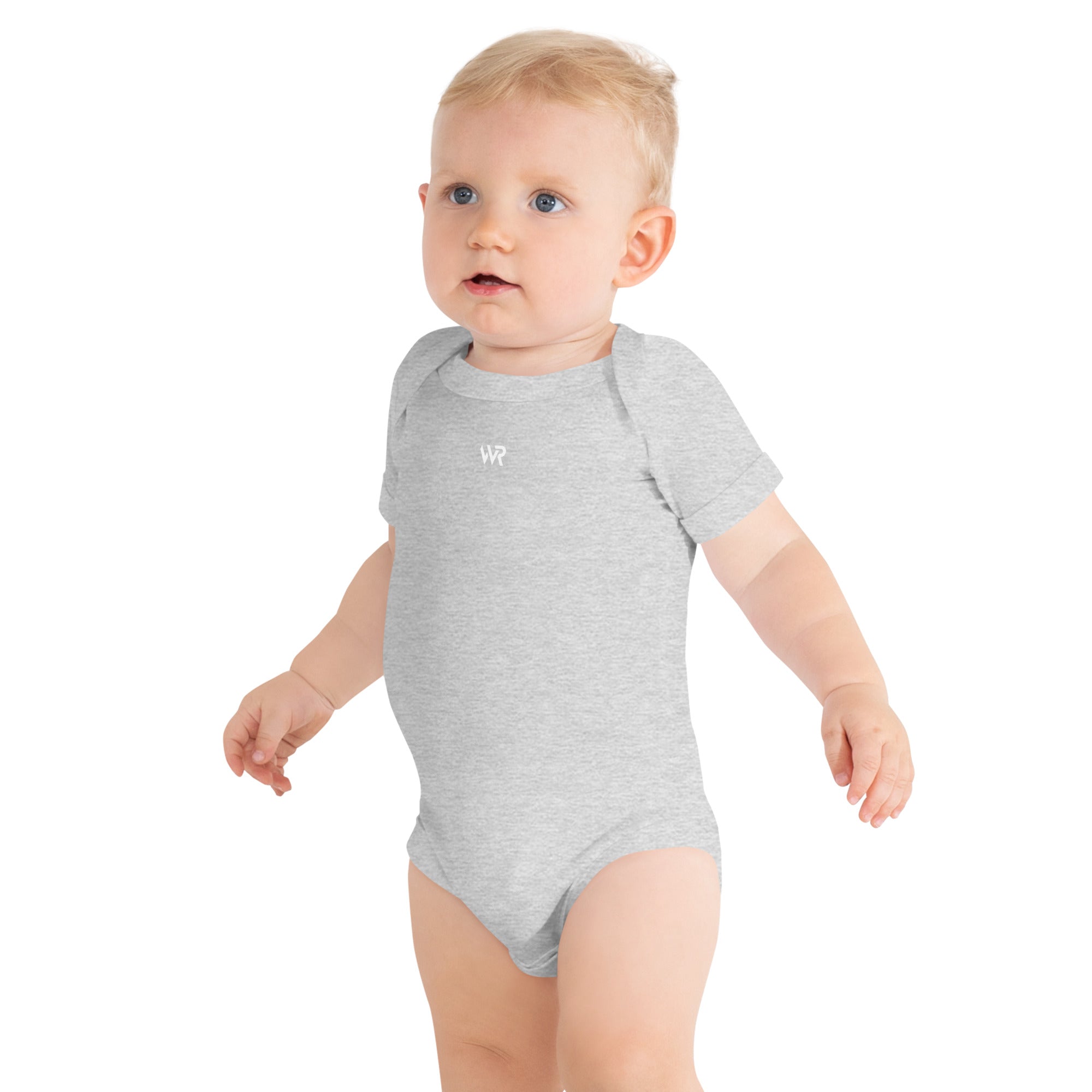 Baby short sleeve bodysuit in ash heather with "WR" mark, front view.