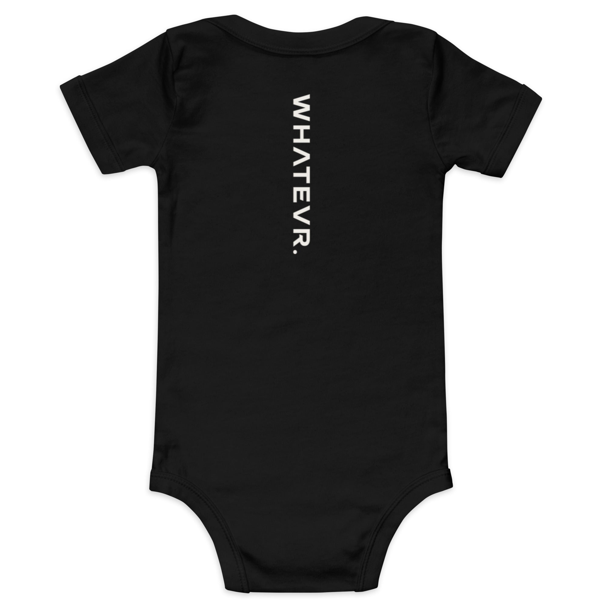 Baby short sleeve bodysuit in black with "WHATEVR." text, back view.