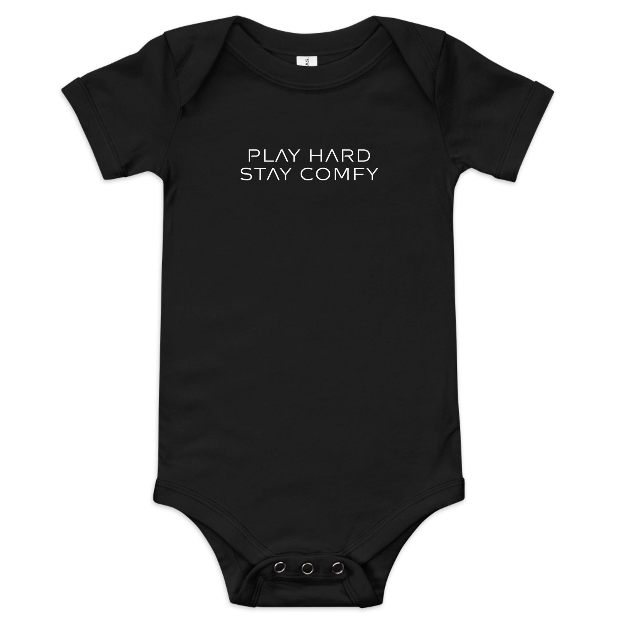 Baby short sleeve bodysuit in black with "Play Hard Stay Comfy" text, front view.