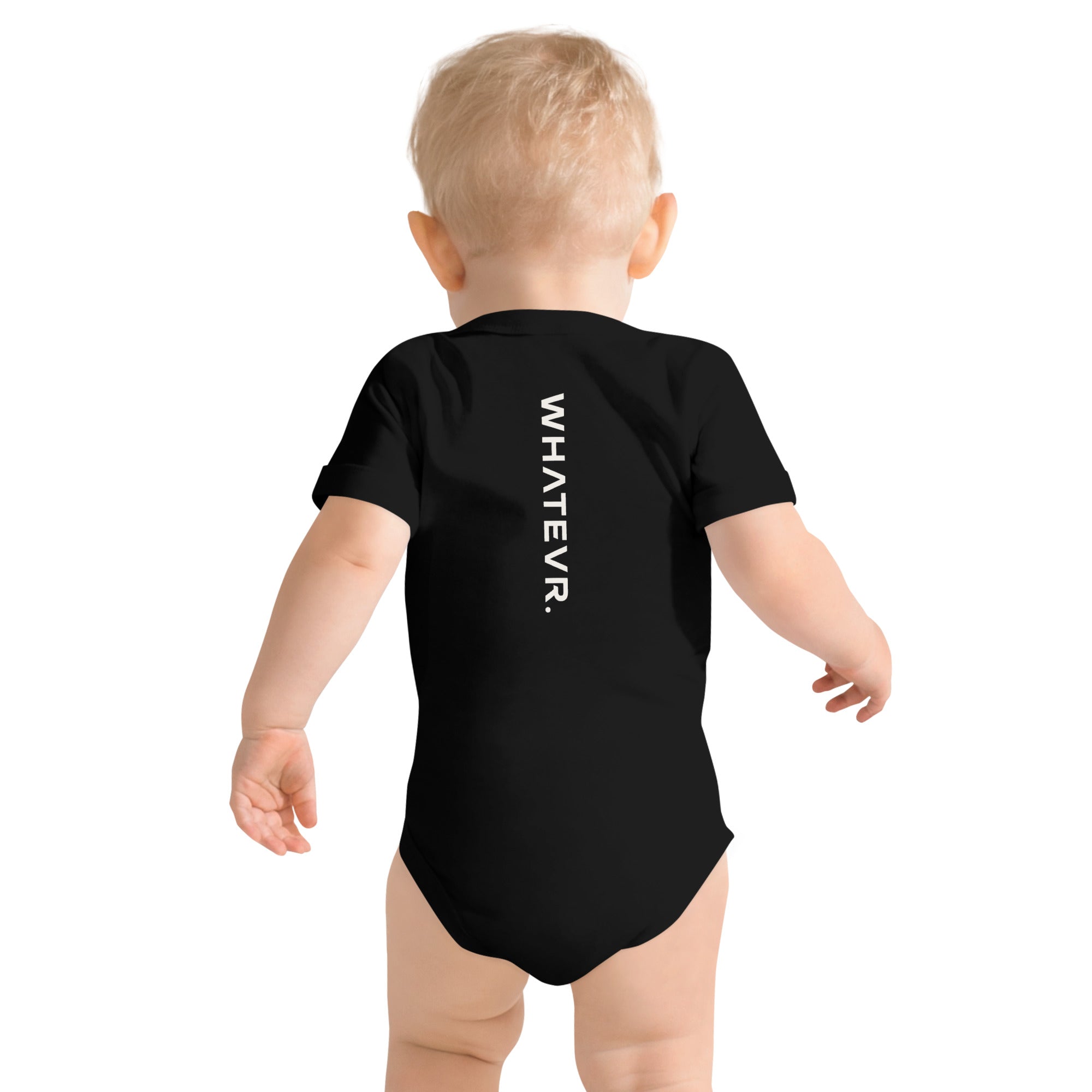 Baby short sleeve bodysuit in black with "WHATEVR." text, back view.