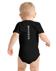 Baby short sleeve bodysuit in black with "WHATEVR." text, back view.