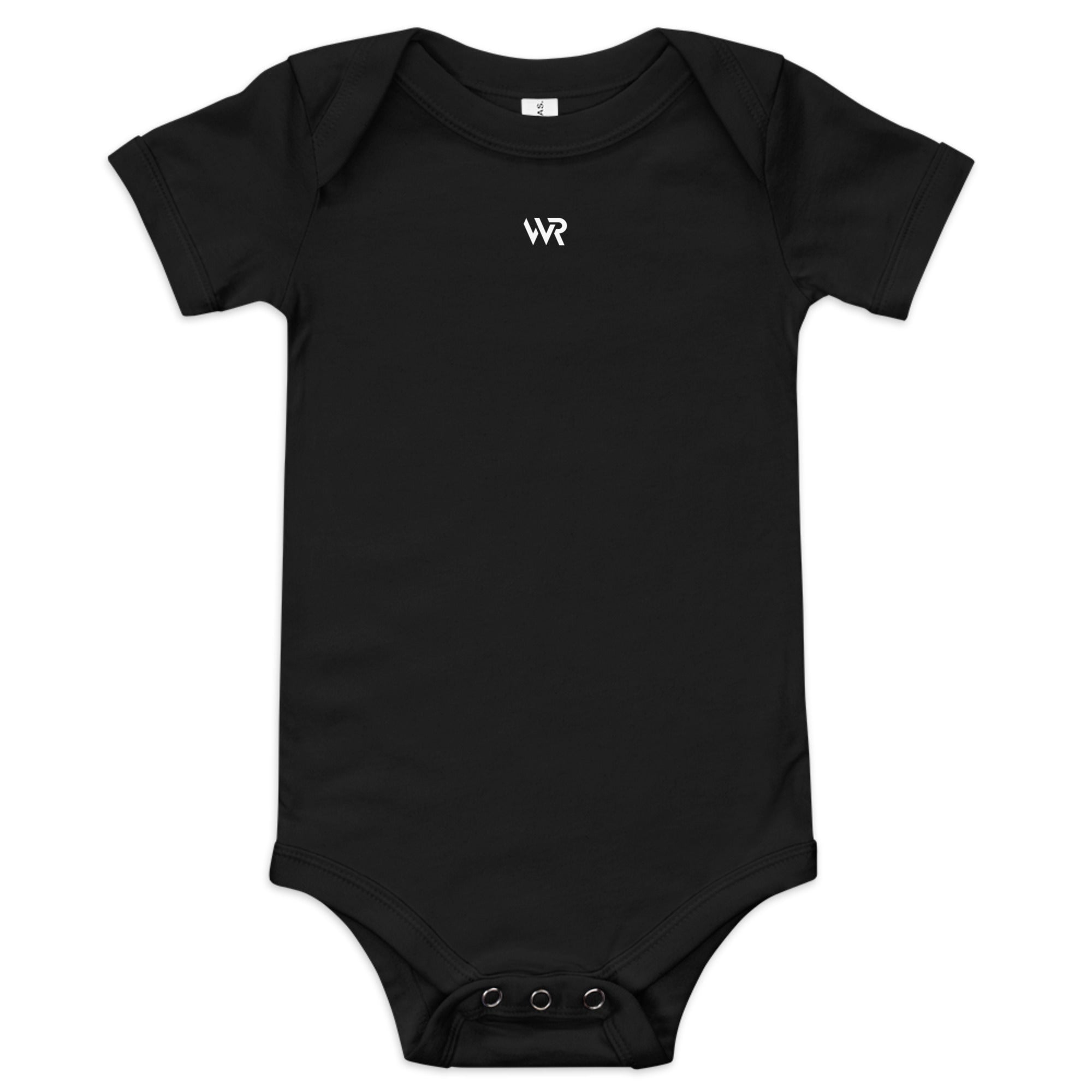 Baby short sleeve bodysuit in black with "WR" mark, front view.