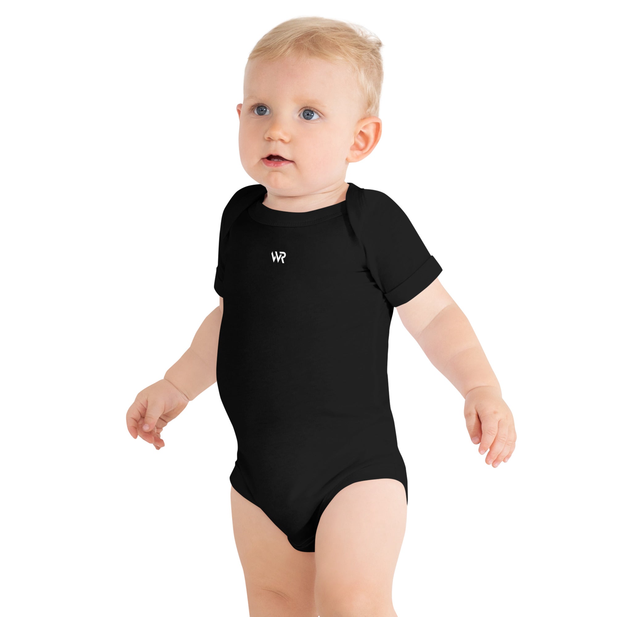 Baby short sleeve bodysuit in black with "WR" mark, front view.