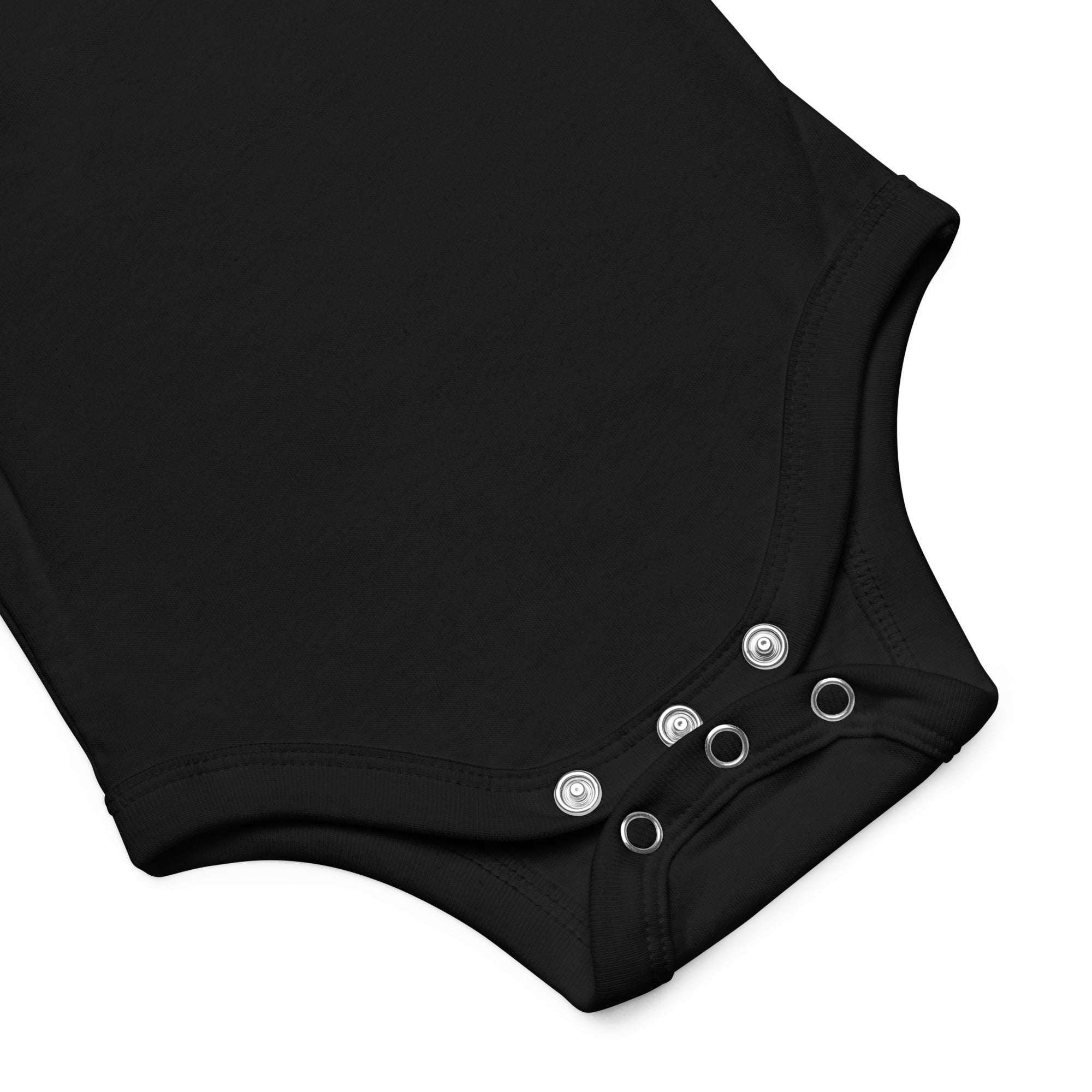 Baby short sleeve bodysuit in black, front view.