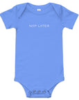 Baby short sleeve bodysuit in blue with "Nap Later" text, front view.