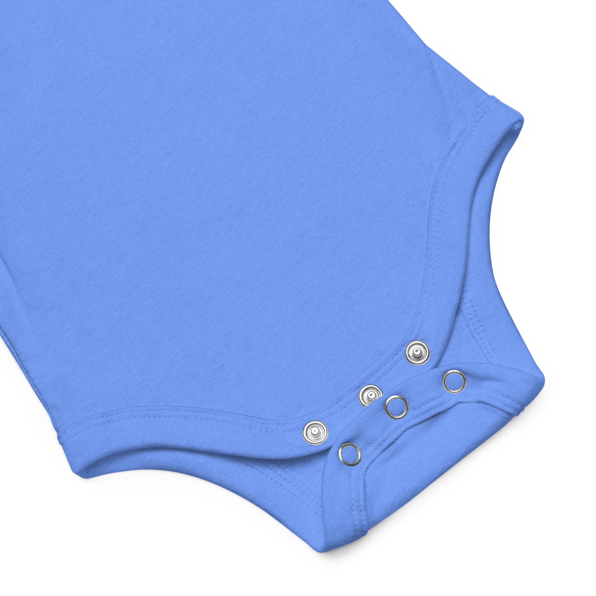 Baby short sleeve bodysuit in blue, front view.