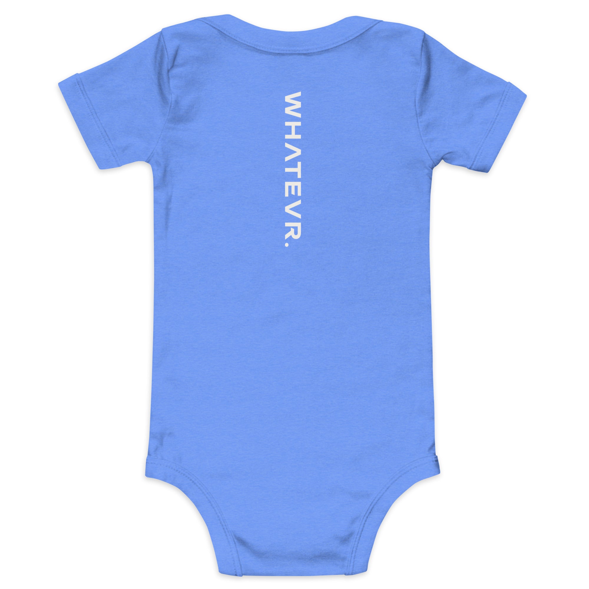 Baby short sleeve bodysuit in blue with "WHATEVR." text, back view.