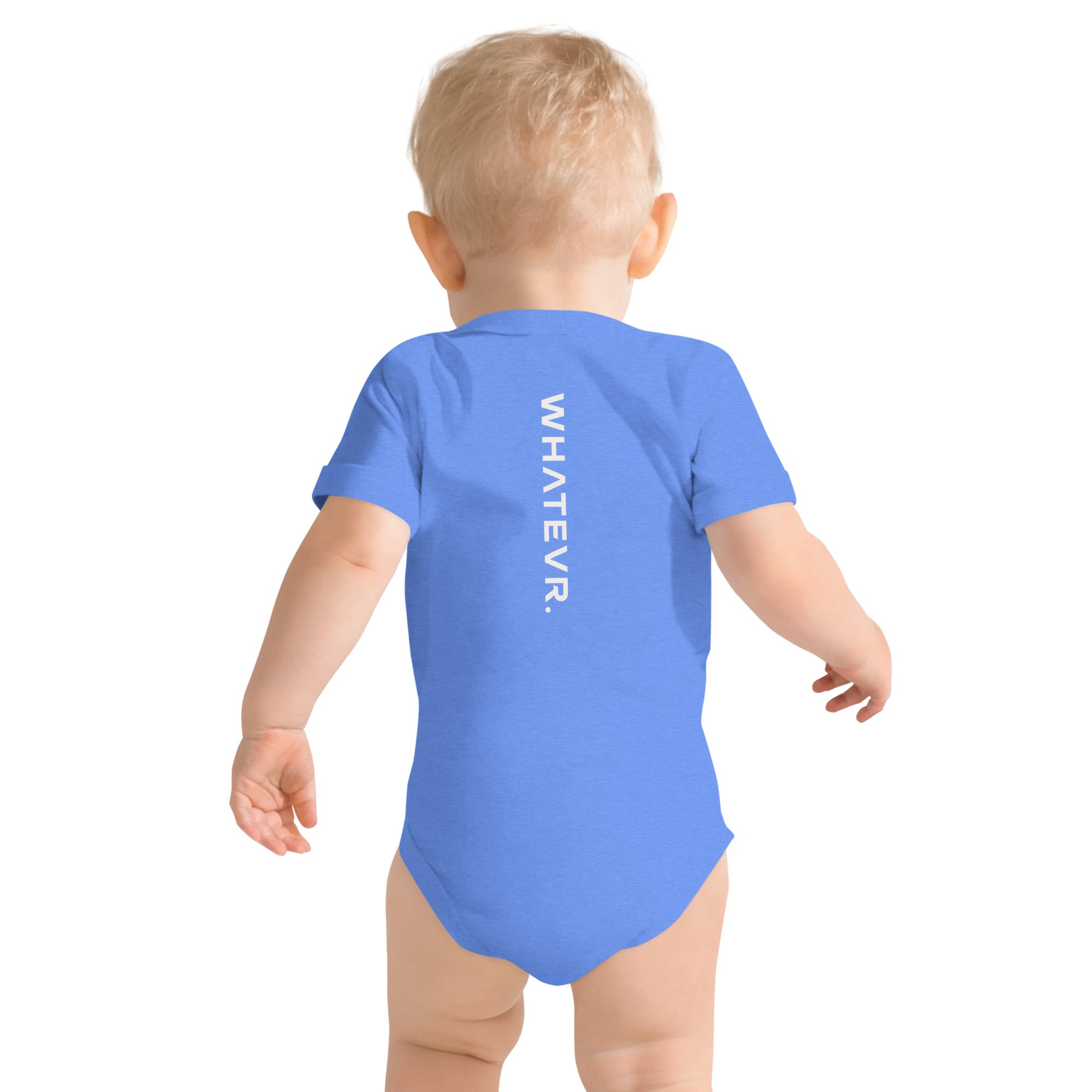 Baby short sleeve bodysuit in blue with "WHATEVR." text, back view.