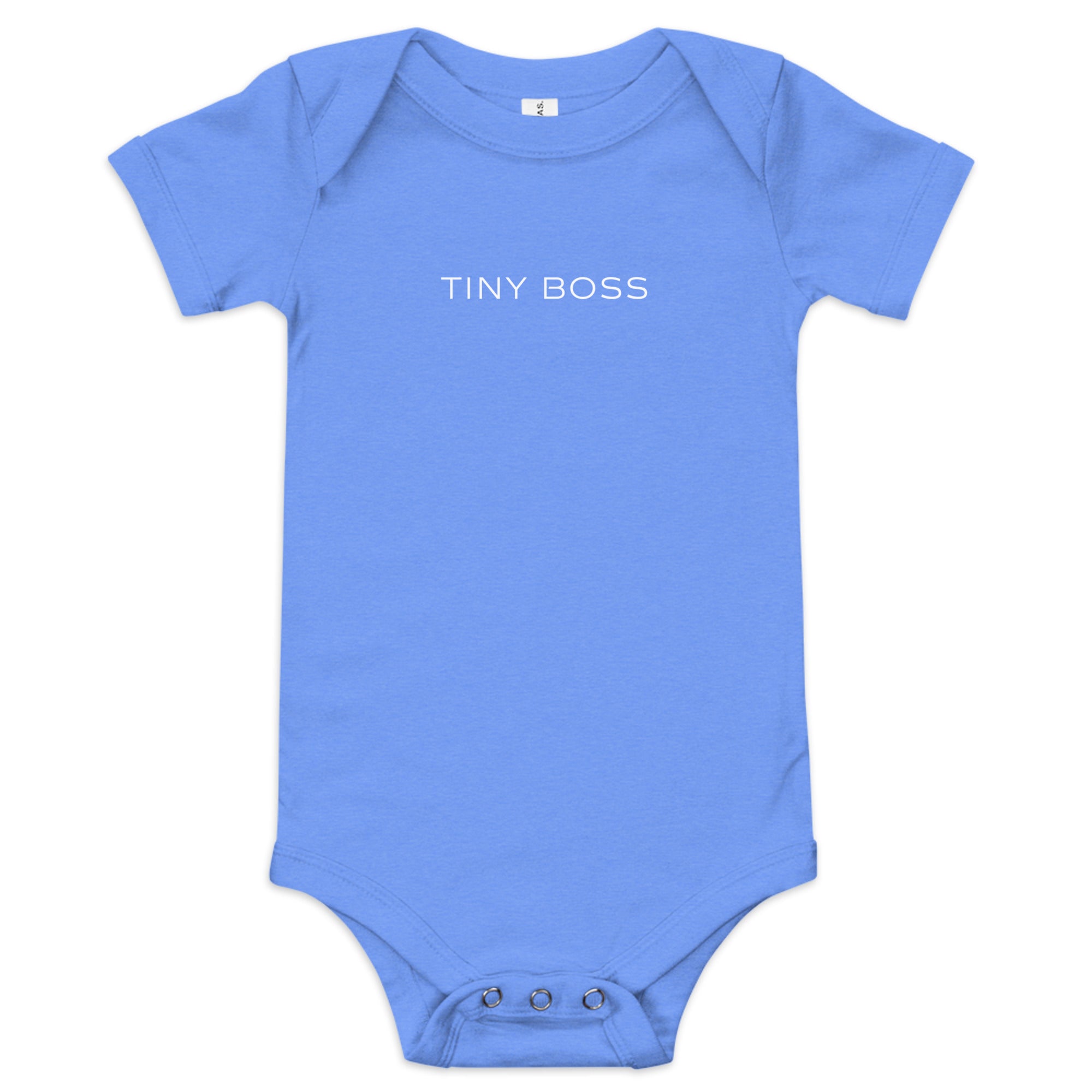 Baby short sleeve bodysuit in blue with "Tiny Boss" text, front view.