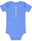Baby short sleeve bodysuit in blue with "WHATEVR" text, back view.