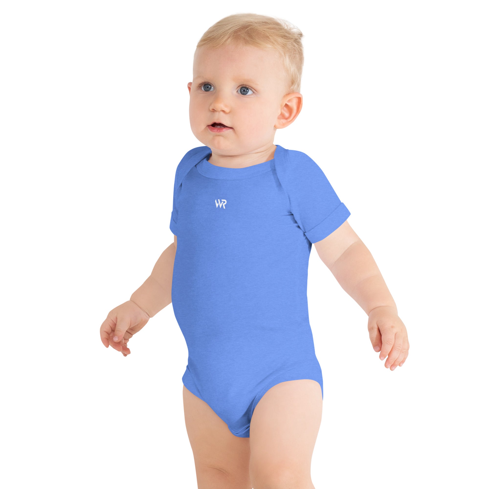 Baby short sleeve bodysuit in blue with "WR" mark, front view.