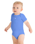 Baby short sleeve bodysuit in blue with "WR" mark, front view.