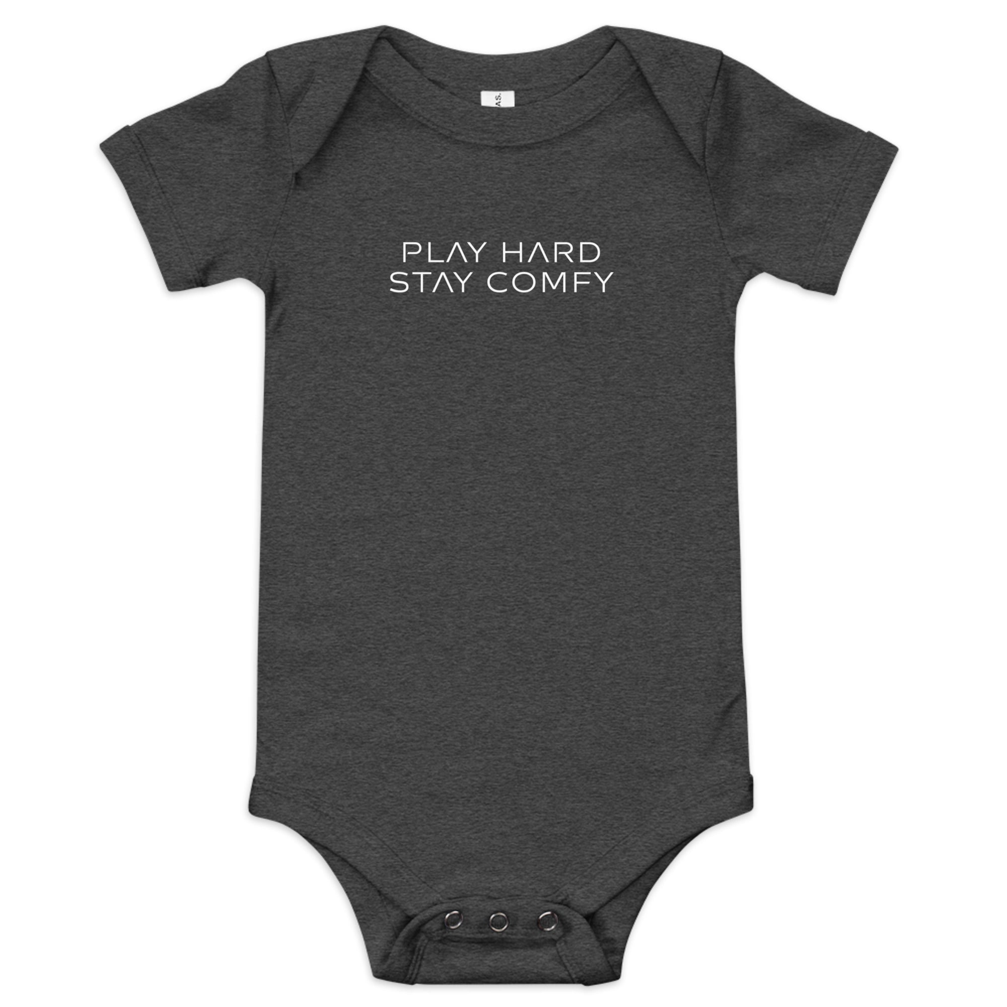 Baby short sleeve bodysuit in gray heather with "Play Hard Stay Comfy" text, front view.