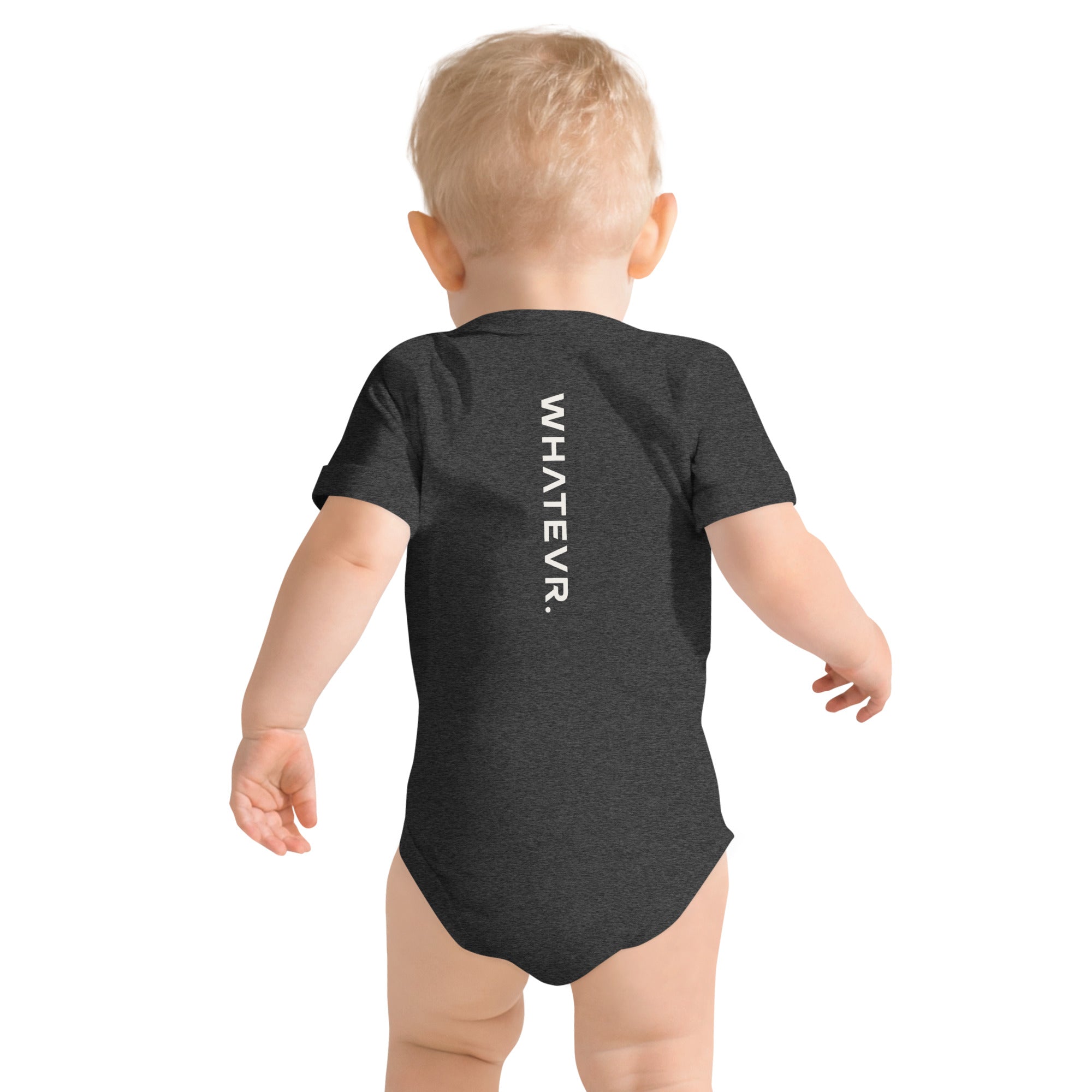 Baby short sleeve bodysuit in grey heather with "WHATEVR." text, back view.
