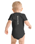Baby short sleeve bodysuit in grey heather with "WHATEVR." text, back view.