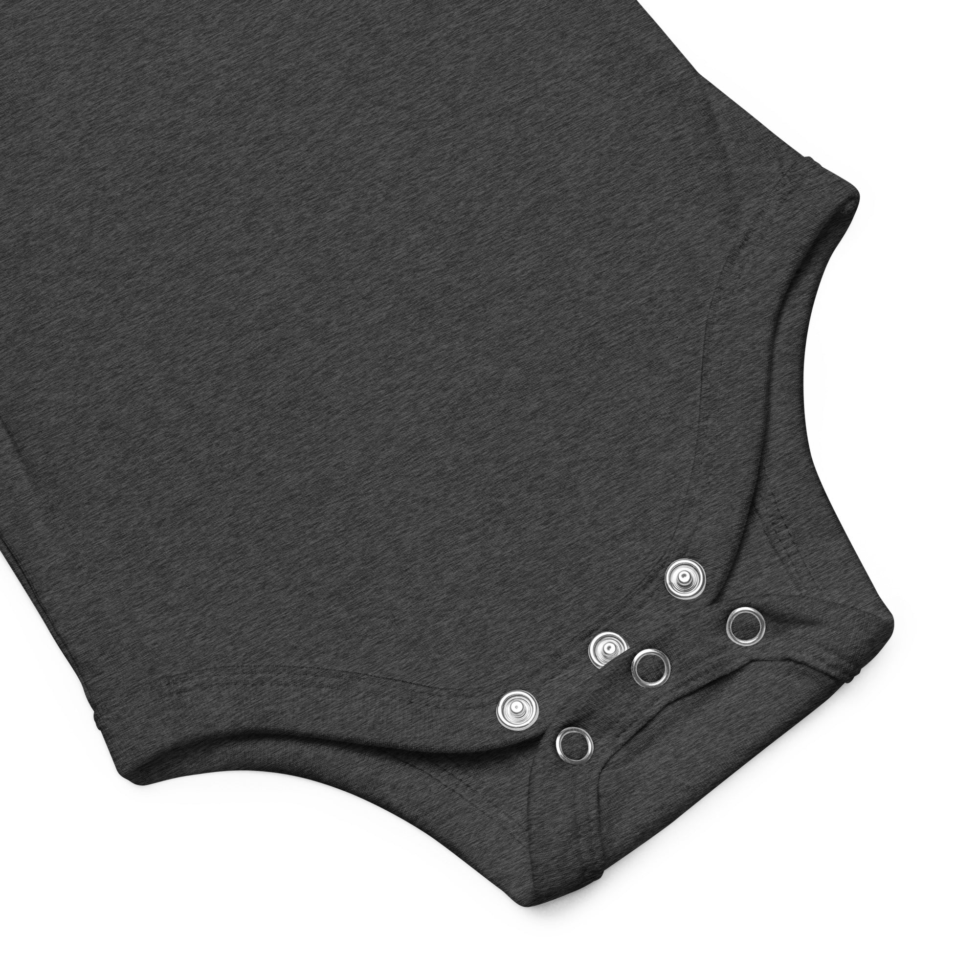 Baby short sleeve bodysuit in grey heather, front view.