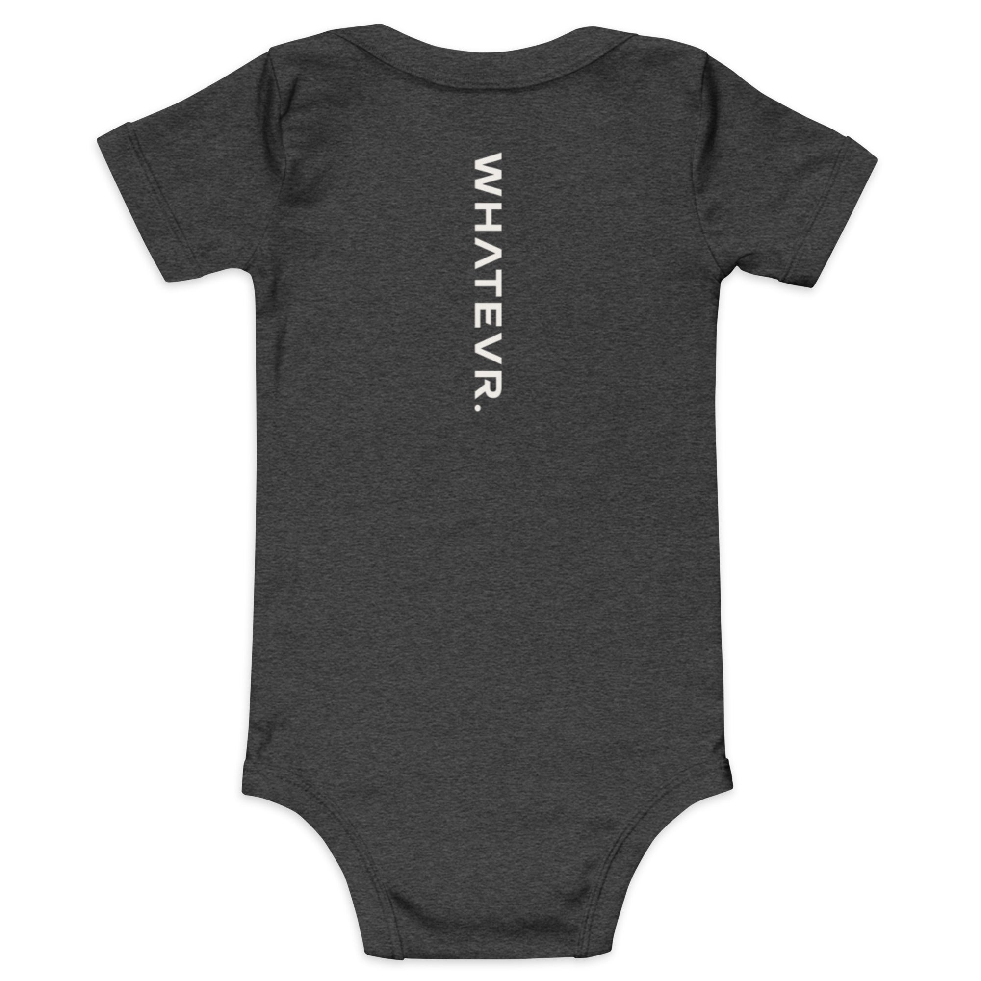 Baby short sleeve bodysuit in gray heather with "WHATEVR" text, back view.
