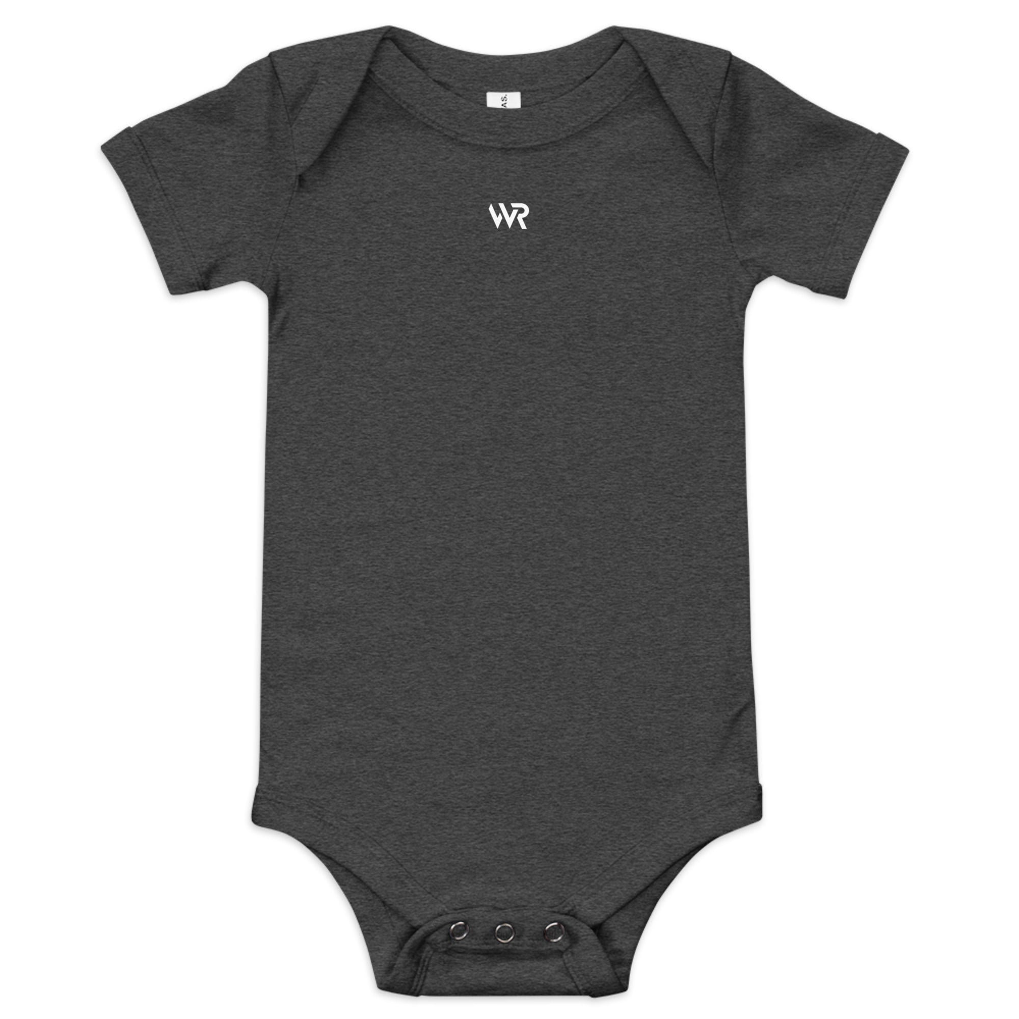 Baby short sleeve bodysuit in gray heather with "WR" mark, front view.
