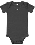 Baby short sleeve bodysuit in gray heather with "WR" mark, front view.