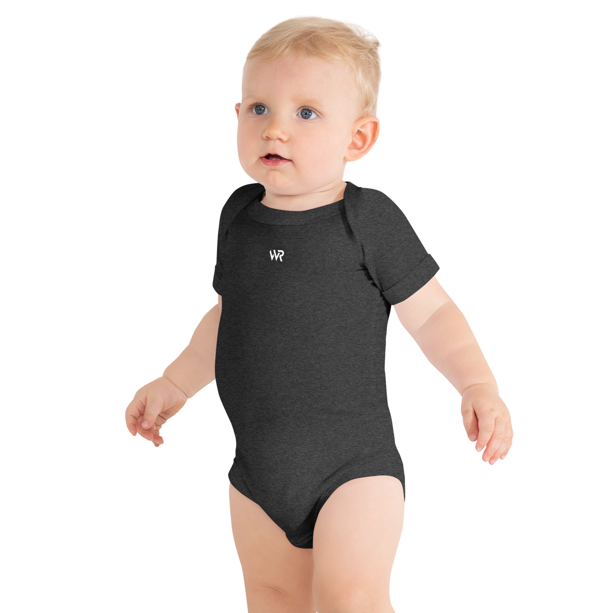 Baby short sleeve bodysuit in gray heather with "WR" mark, front view.