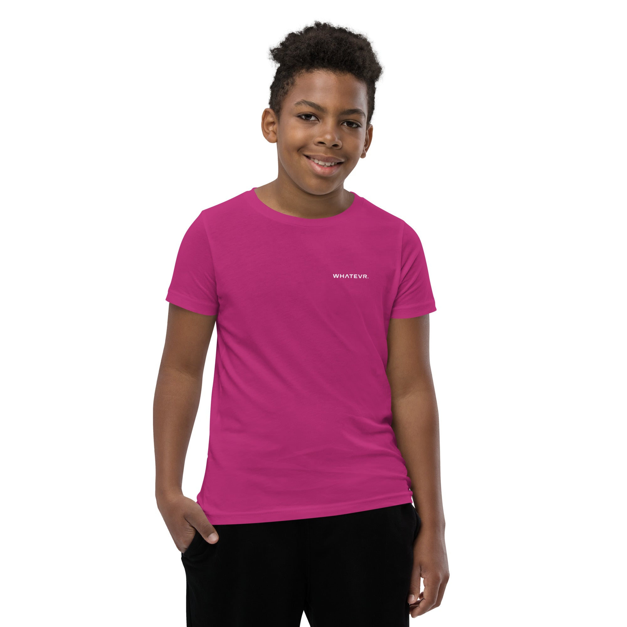 Boys' essential lightweight t-shirt in berry pink, front view.