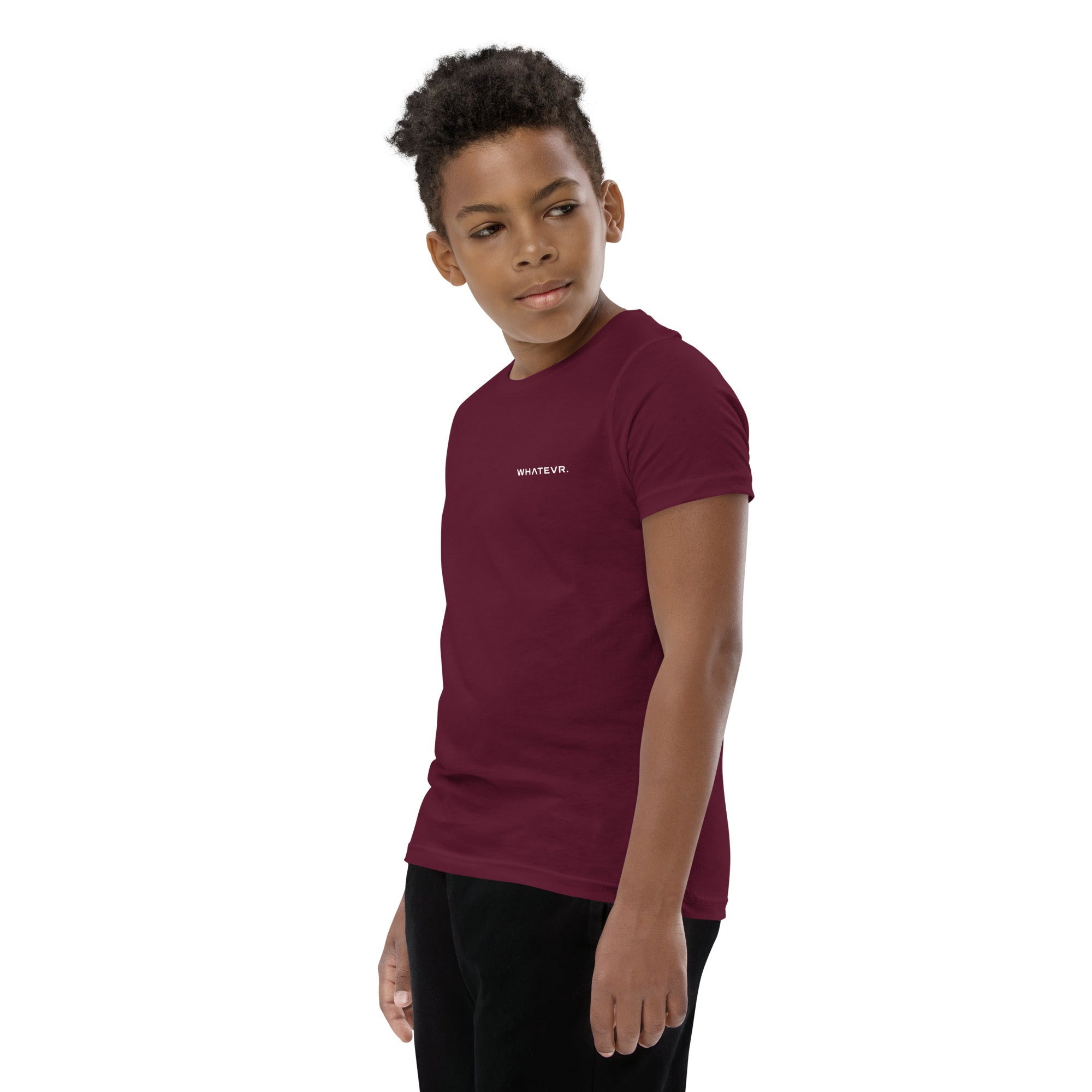Boys' essential lightweight t-shirt in burgundy, front view.