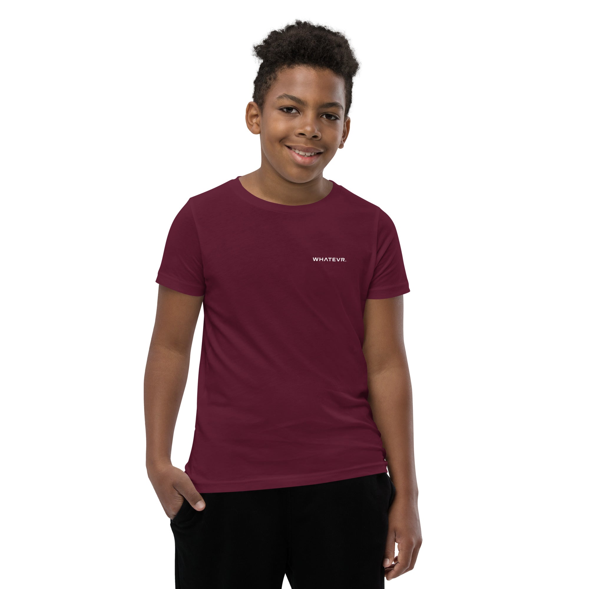 Boys' essential lightweight t-shirt in burgundy, front view.