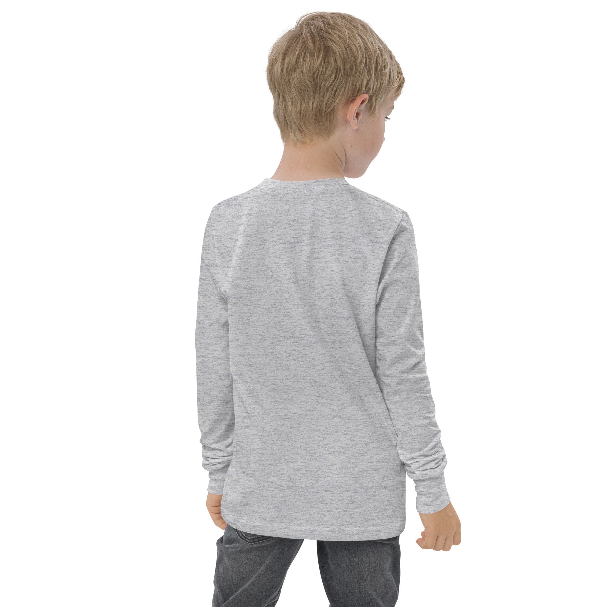 Boys' essential long sleeve t-shirt in ash heather, back view.
