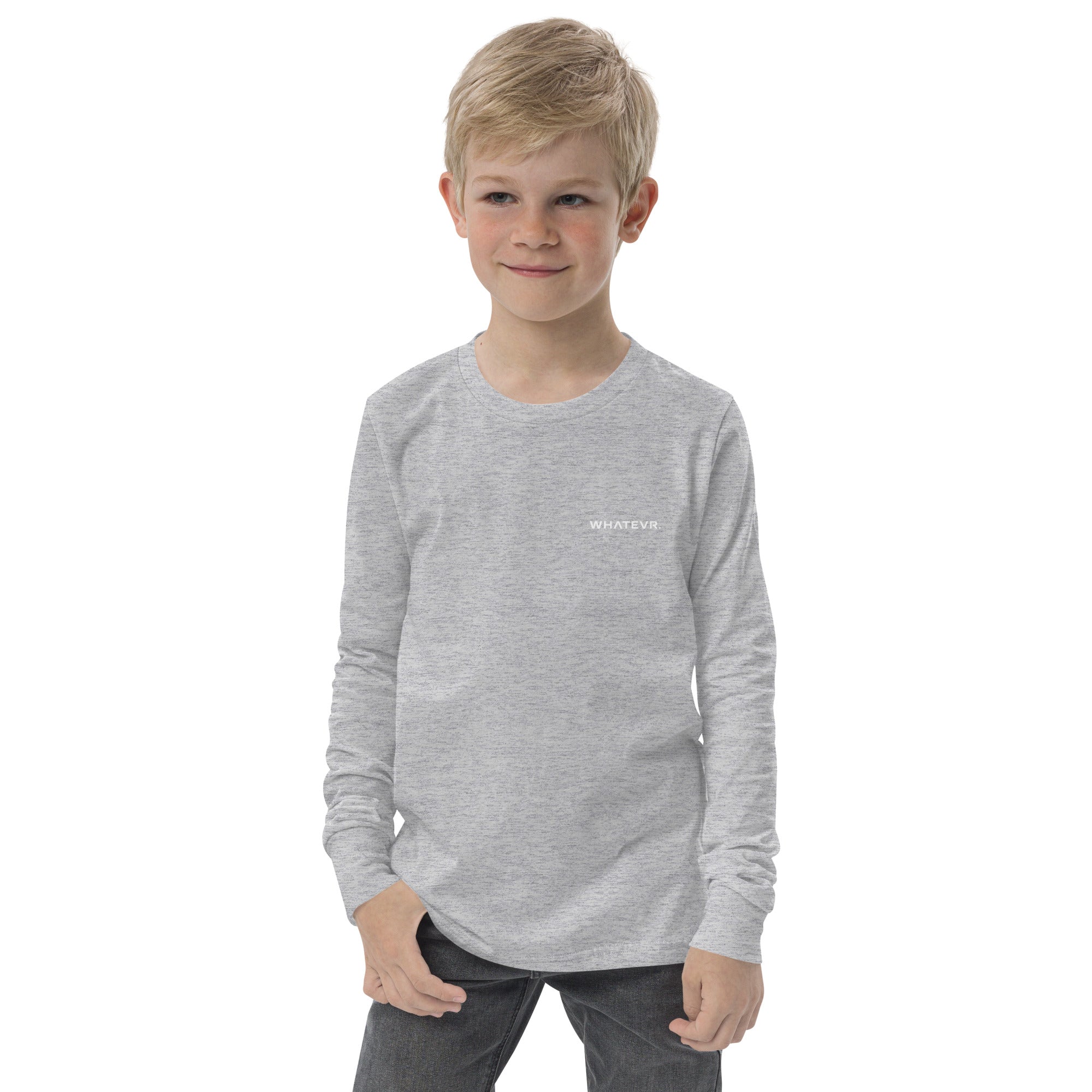 Boys' essential long sleeve t-shirt in ash heather, front view.