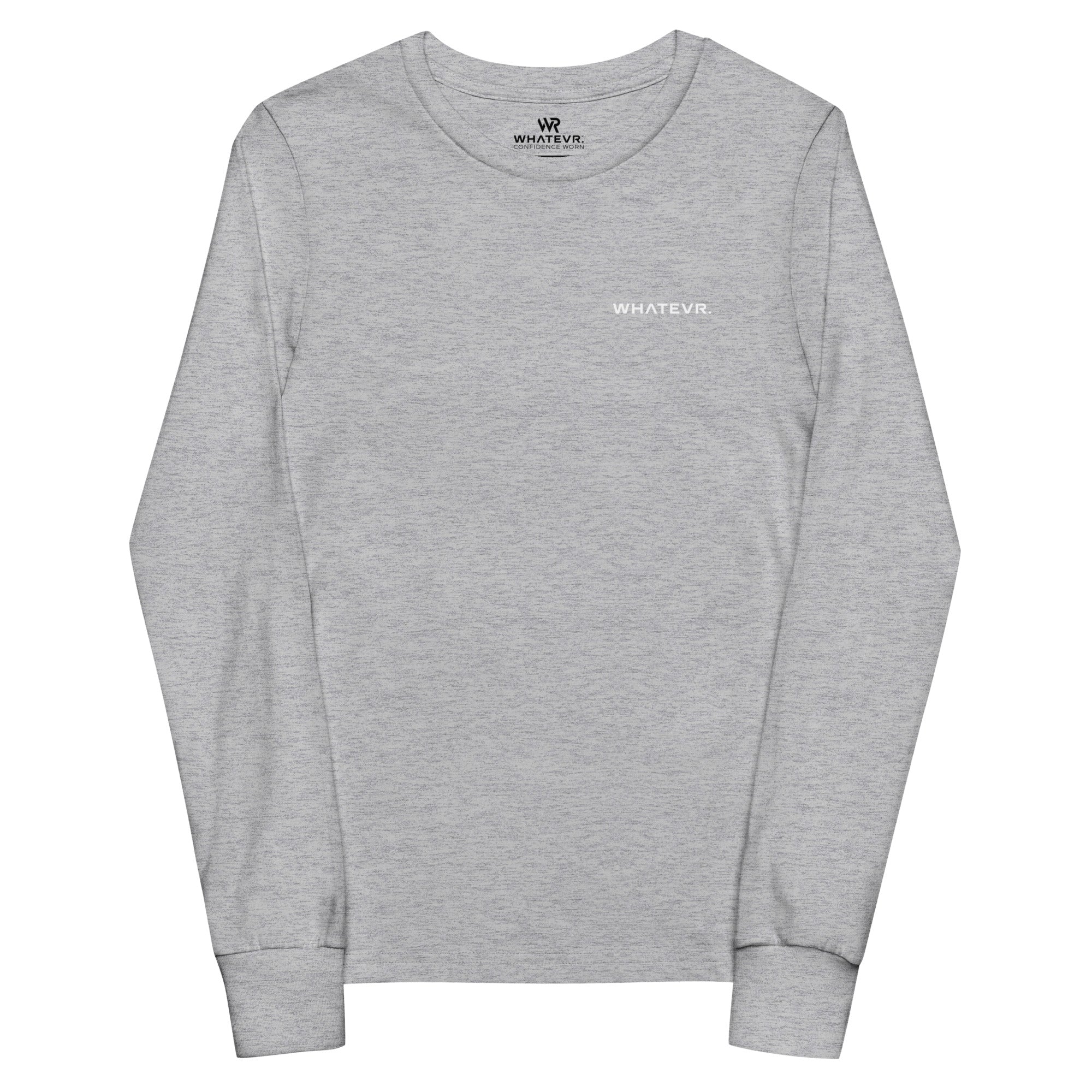 Boys' essential long sleeve t-shirt in ash heather, front view.