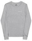 Boys' essential long sleeve t-shirt in ash heather, front view.