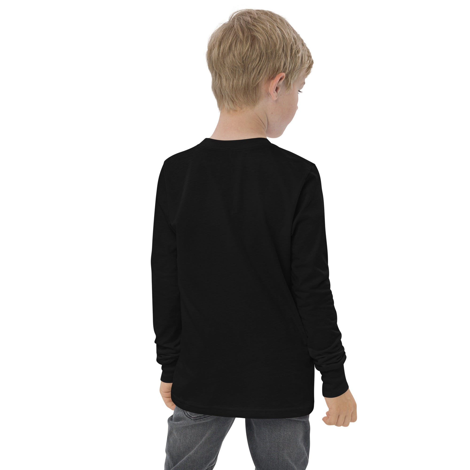 Boys' essential long sleeve t-shirt in black, back view.