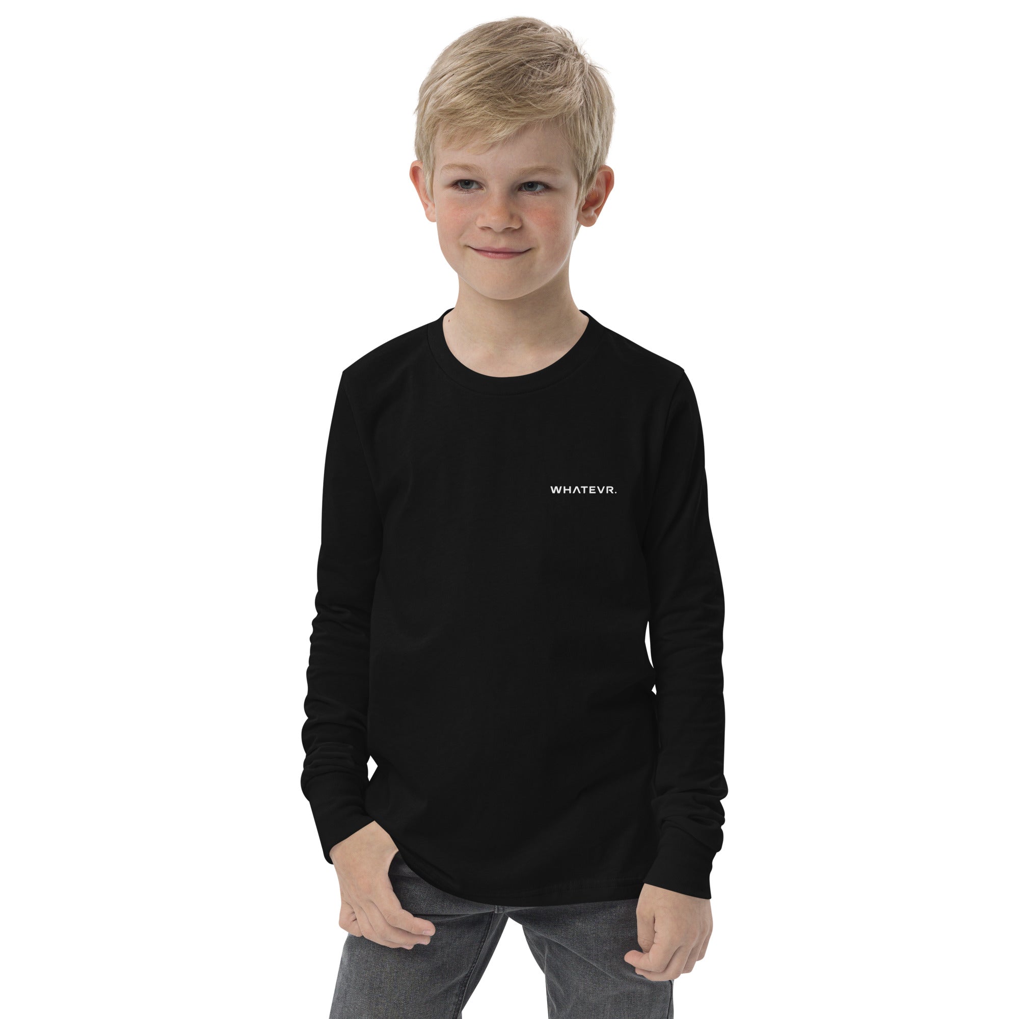 Boys' essential long sleeve t-shirt in black, front view.