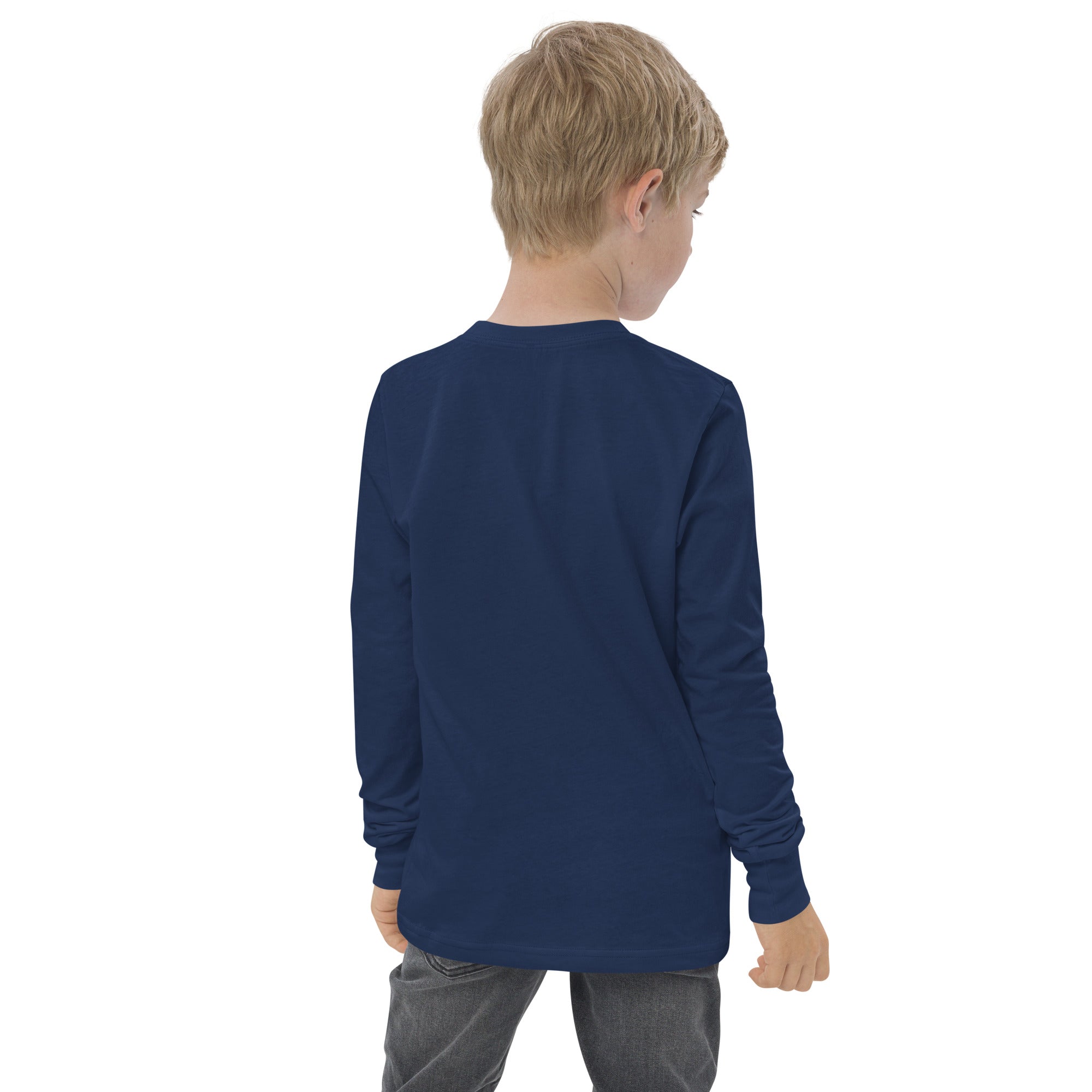 Boys' essential long sleeve t-shirt in midnight blue, back view.