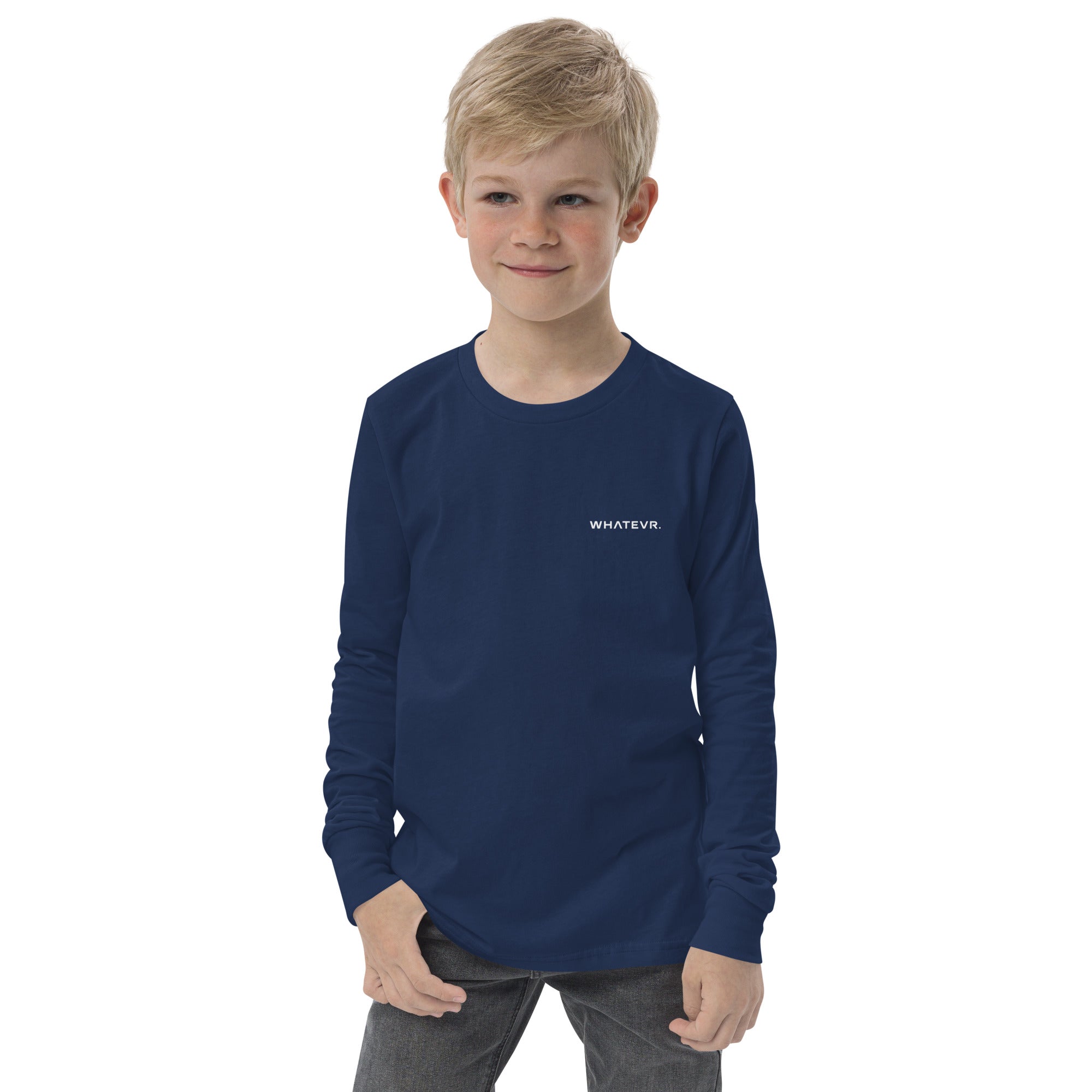 Boys' essential long sleeve t-shirt in midnight blue, front view.