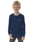 Boys' essential long sleeve t-shirt in midnight blue, front view.