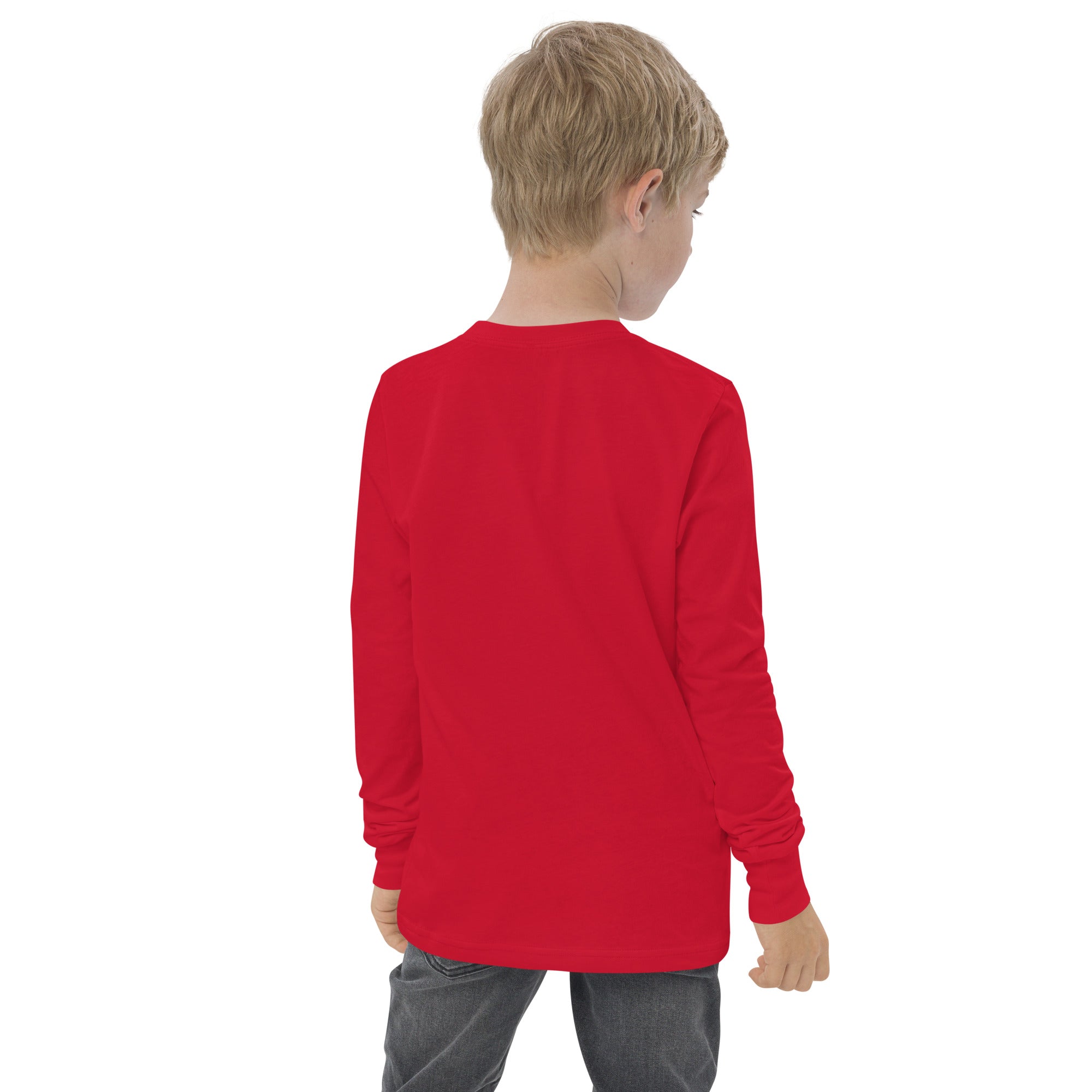 Boys' essential long sleeve t-shirt in red, back view.
