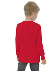 Boys' essential long sleeve t-shirt in red, back view.