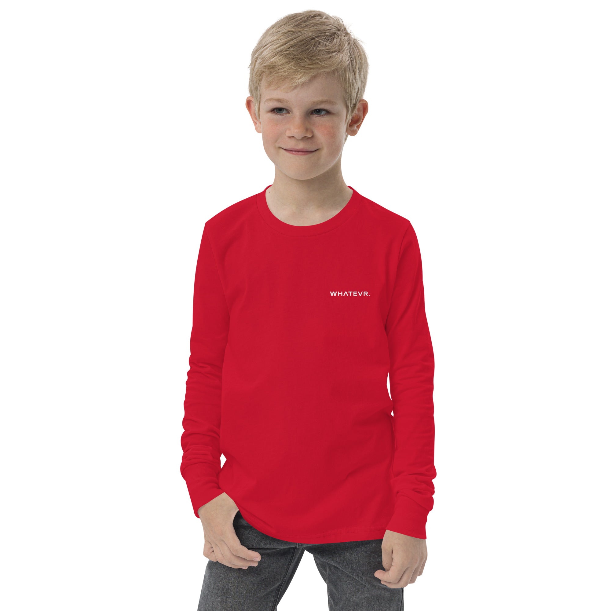 Boys' essential long sleeve t-shirt in red, front view.