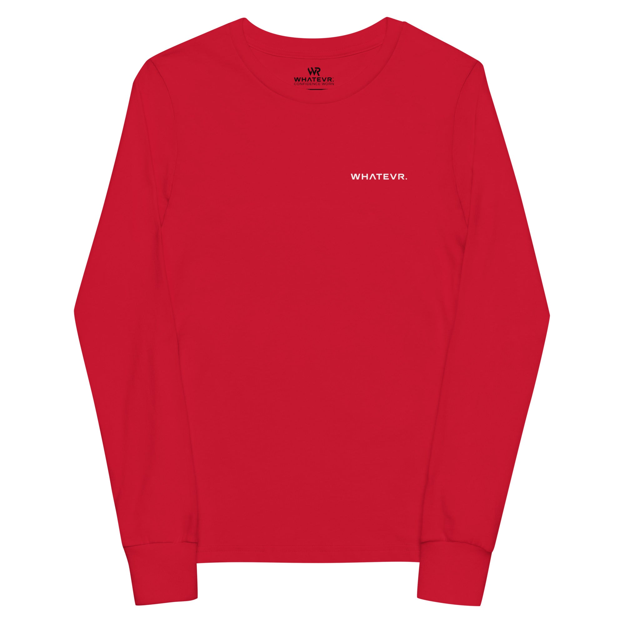 Boys' essential long sleeve t-shirt in red, front view.