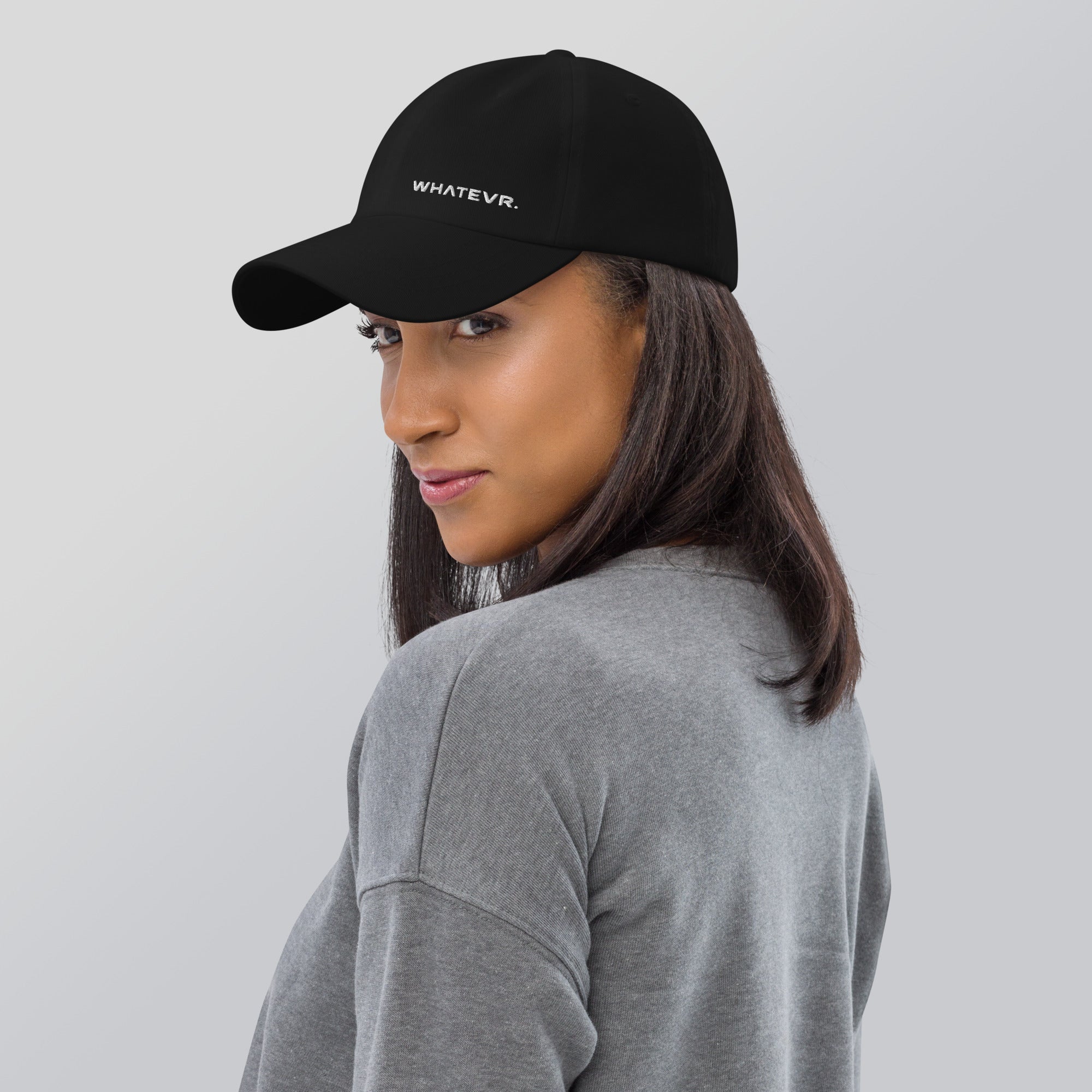 Unisex Classic baseball cap in black with embroidered WHATEVR logo, front view
