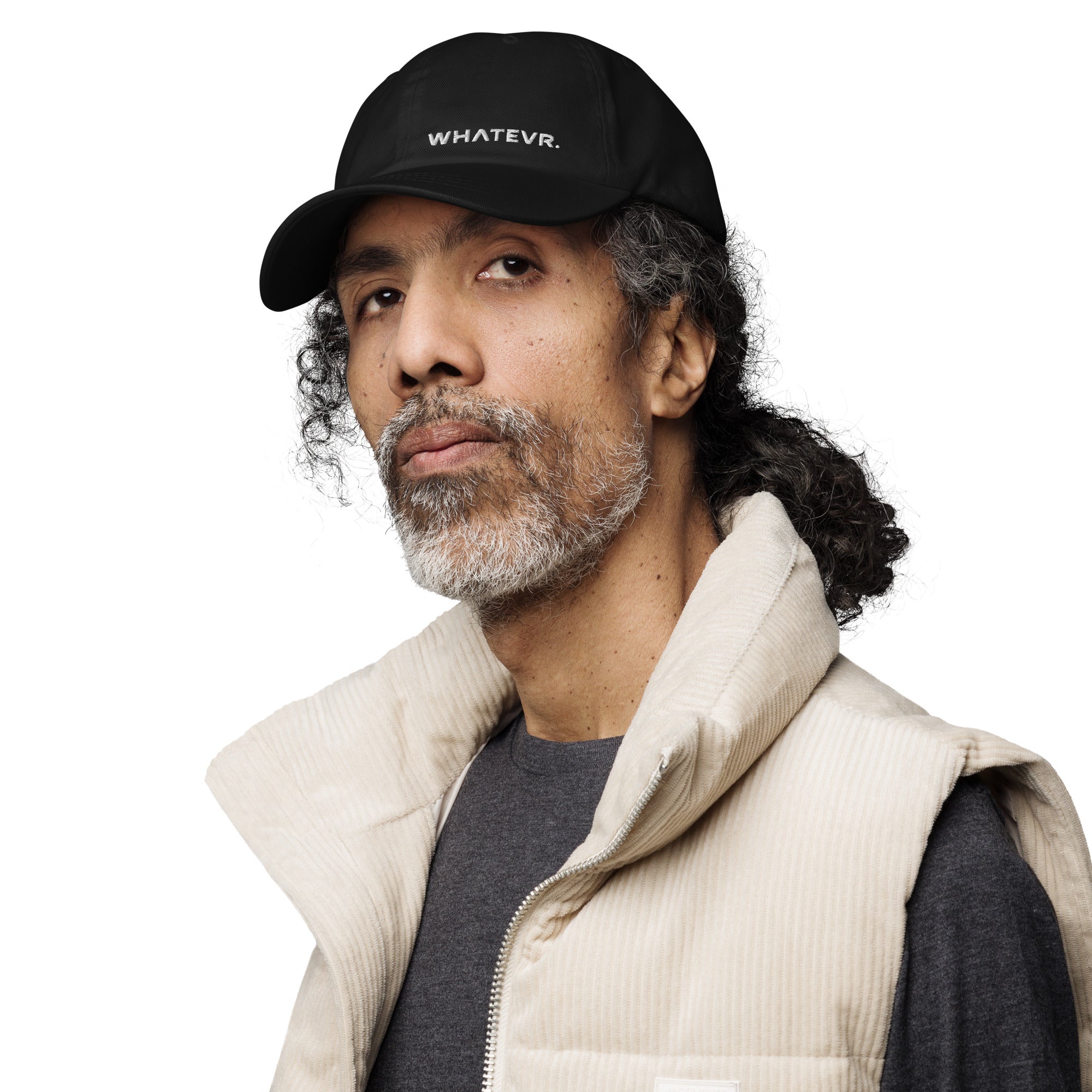 Unisex Classic baseball cap in black with embroidered WHATEVR logo, front view