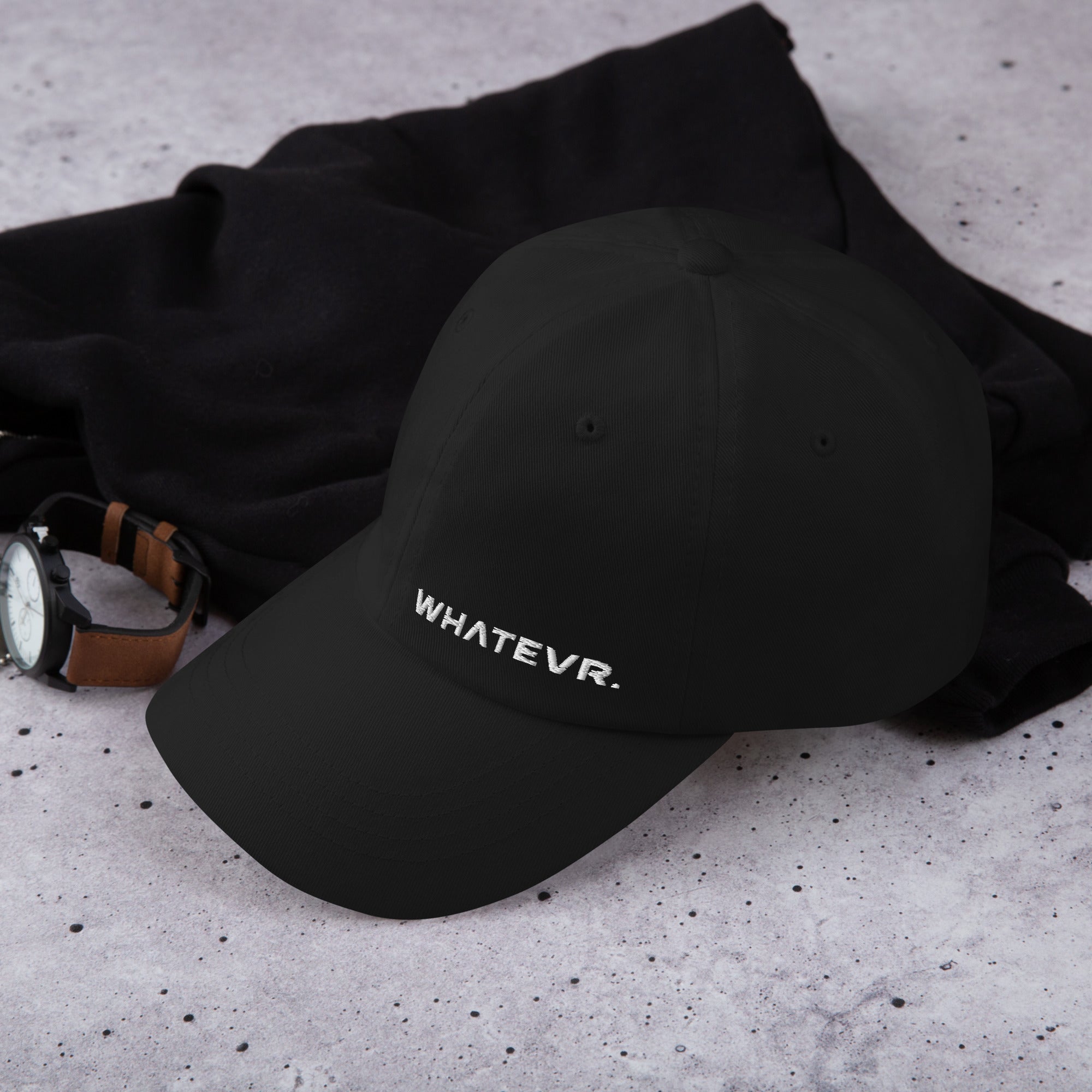 Unisex Classic baseball cap in black with embroidered WHATEVR logo, front view