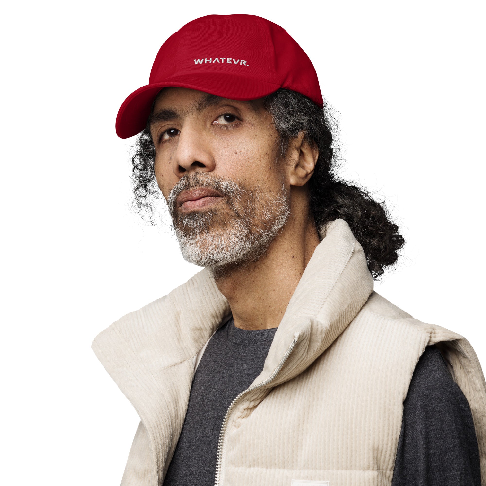 Unisex Classic baseball cap in red with embroidered WHATEVR logo, front view