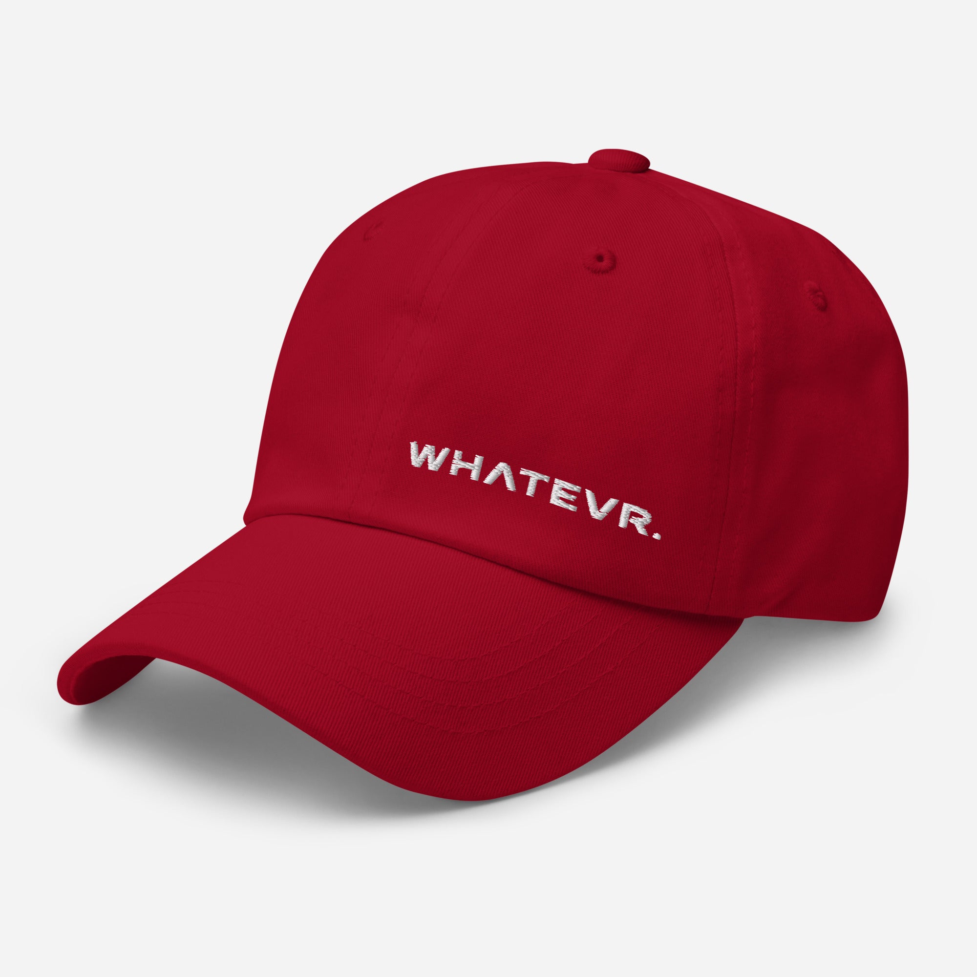 Unisex Classic baseball cap in red with embroidered WHATEVR logo, front view