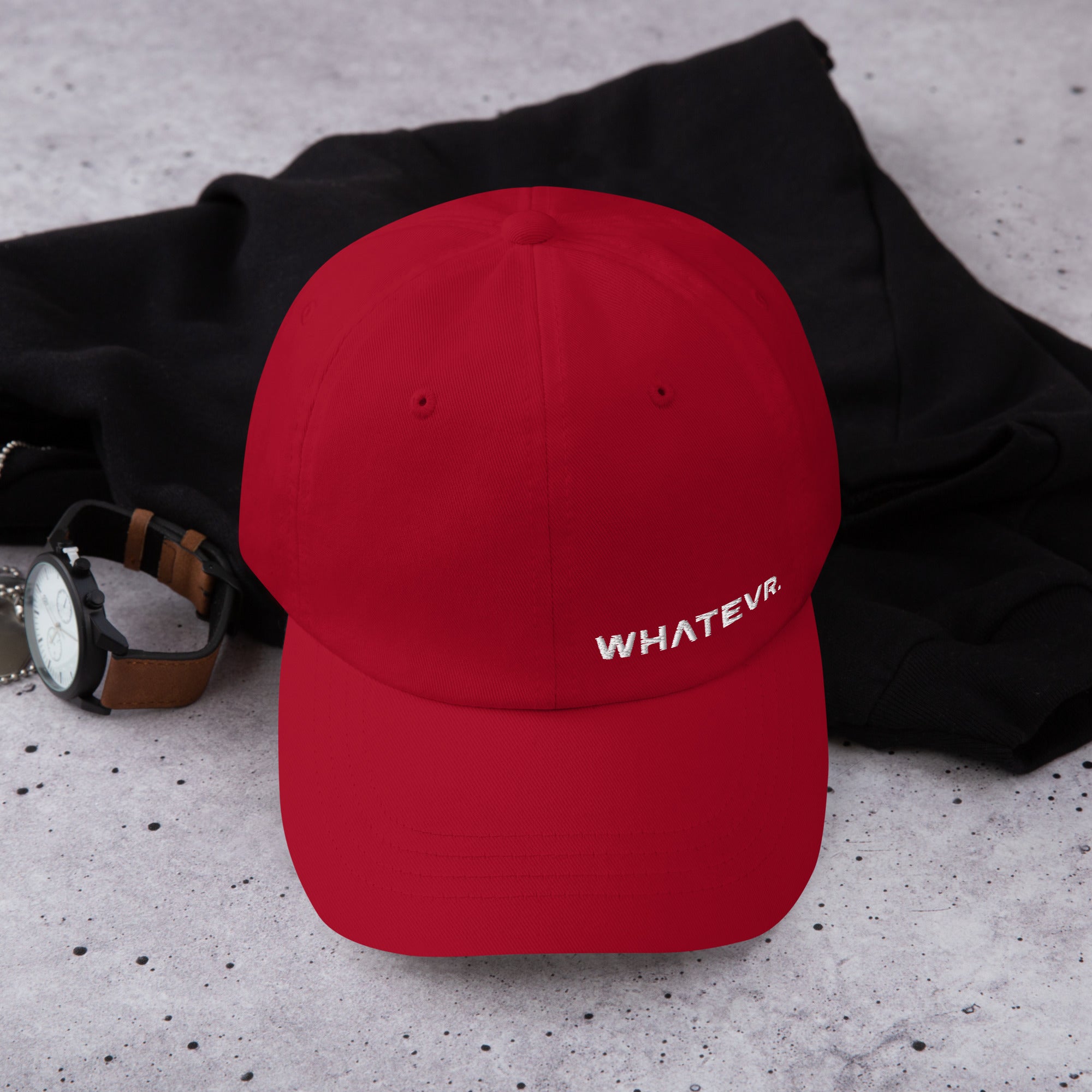 Unisex Classic baseball cap in red with embroidered WHATEVR logo, front view