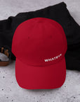 Unisex Classic baseball cap in red with embroidered WHATEVR logo, front view