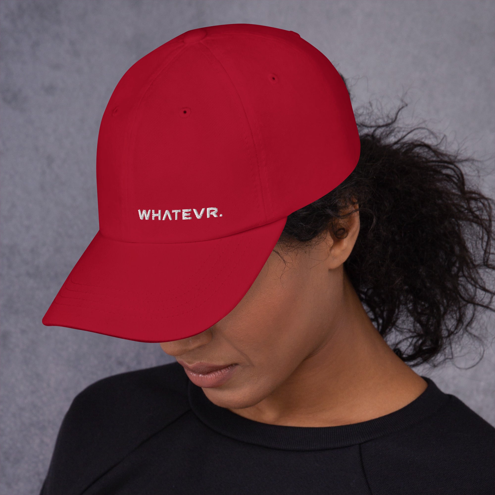 Unisex Classic baseball cap in red with embroidered WHATEVR logo, front view