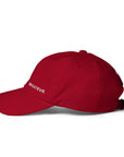 Unisex Classic baseball cap in red with embroidered WHATEVR logo, side view