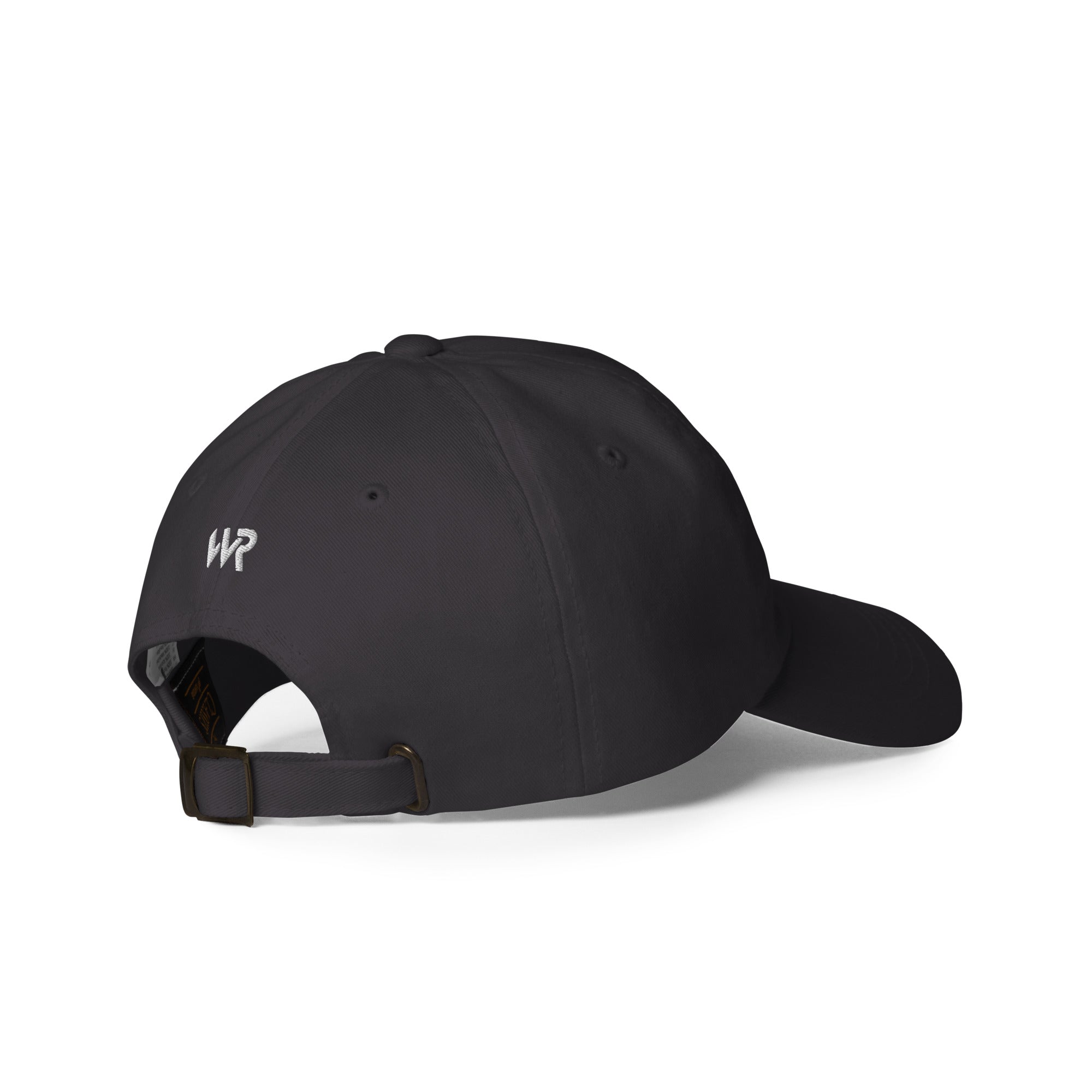 Unisex Classic baseball cap in dark gray with embroidered WHATEVR logo, front view